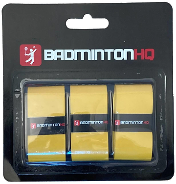 BadmintonHQ 3 Pack Badminton Overgrips in Sunset Yellow, featuring the BadmintonHQ logo, come in sleek black packaging. These overgrips deliver superior sweat absorption for better comfort and control on the court.