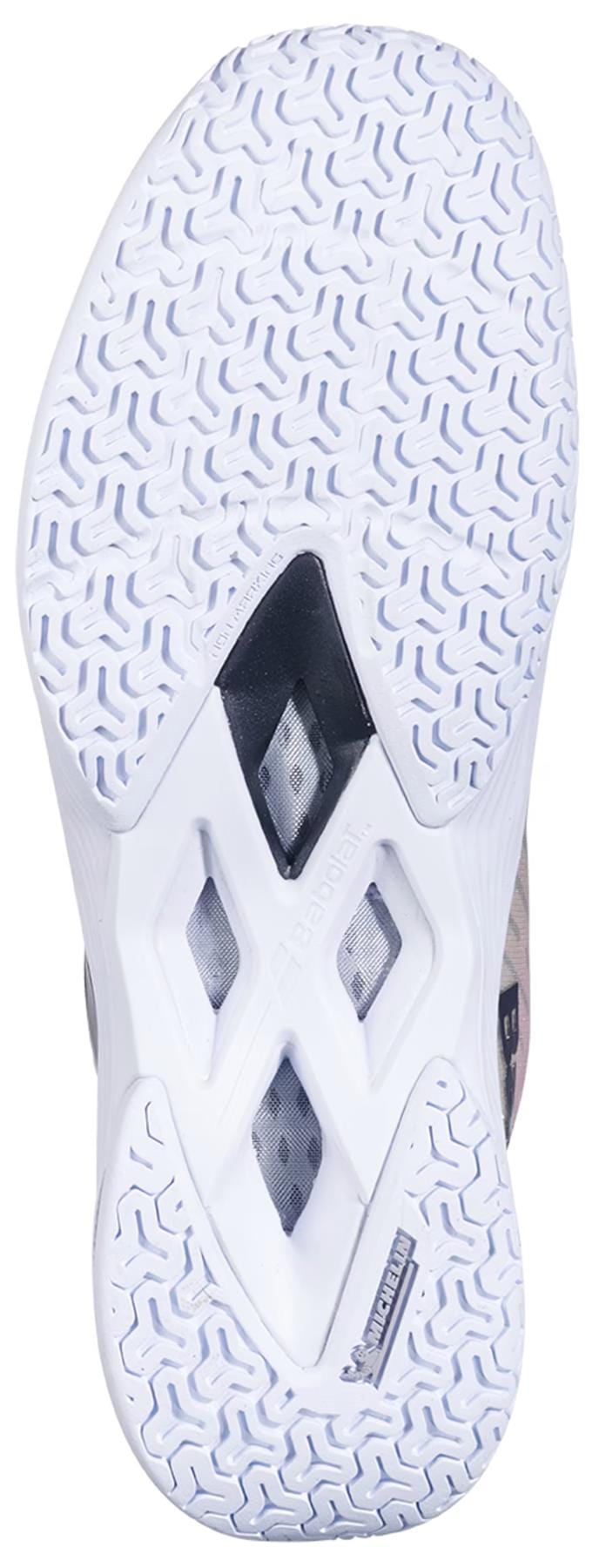 Close-up of the Babolat Shadow Tour 5 Womens Badminton Shoes (Pink/Green) outsole, showing patterned tread for indoor grip and diamond-shaped midfoot cutouts that expose inner components.