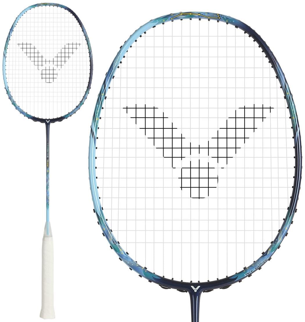 Two views of the Victor Thruster Merak B 4U Badminton Racket by Victor, shown in black and blue with a head-heavy balance, white grip, and a unique black string pattern—displaying full length and a close-up of the Nano Fortify head.