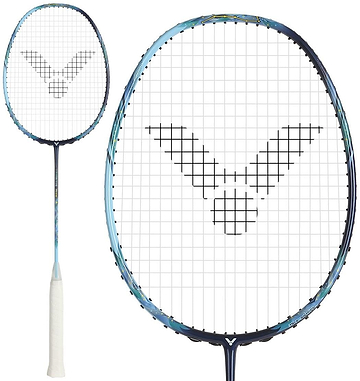 Two views of the Victor Thruster Merak B 4U Badminton Racket by Victor, shown in black and blue with a head-heavy balance, white grip, and a unique black string pattern—displaying full length and a close-up of the Nano Fortify head.