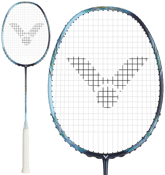 Two views of the Victor Thruster Merak B 4U Badminton Racket by Victor, shown in black and blue with a head-heavy balance, white grip, and a unique black string pattern—displaying full length and a close-up of the Nano Fortify head.