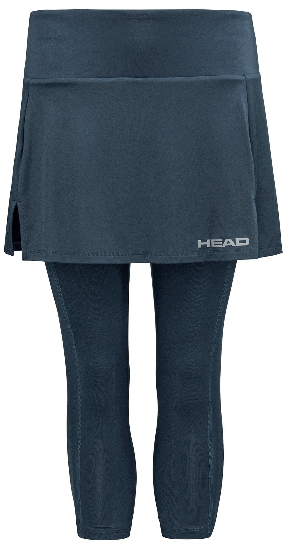 The HEAD Club 3/4 Tights Women's Badminton Skort in navy blends style and function with its leggings skort, mid-calf leggings, side slit, and Moisture Transfer Microfibre for comfort. A logo accents the hem beautifully, making it ideal for serious play.