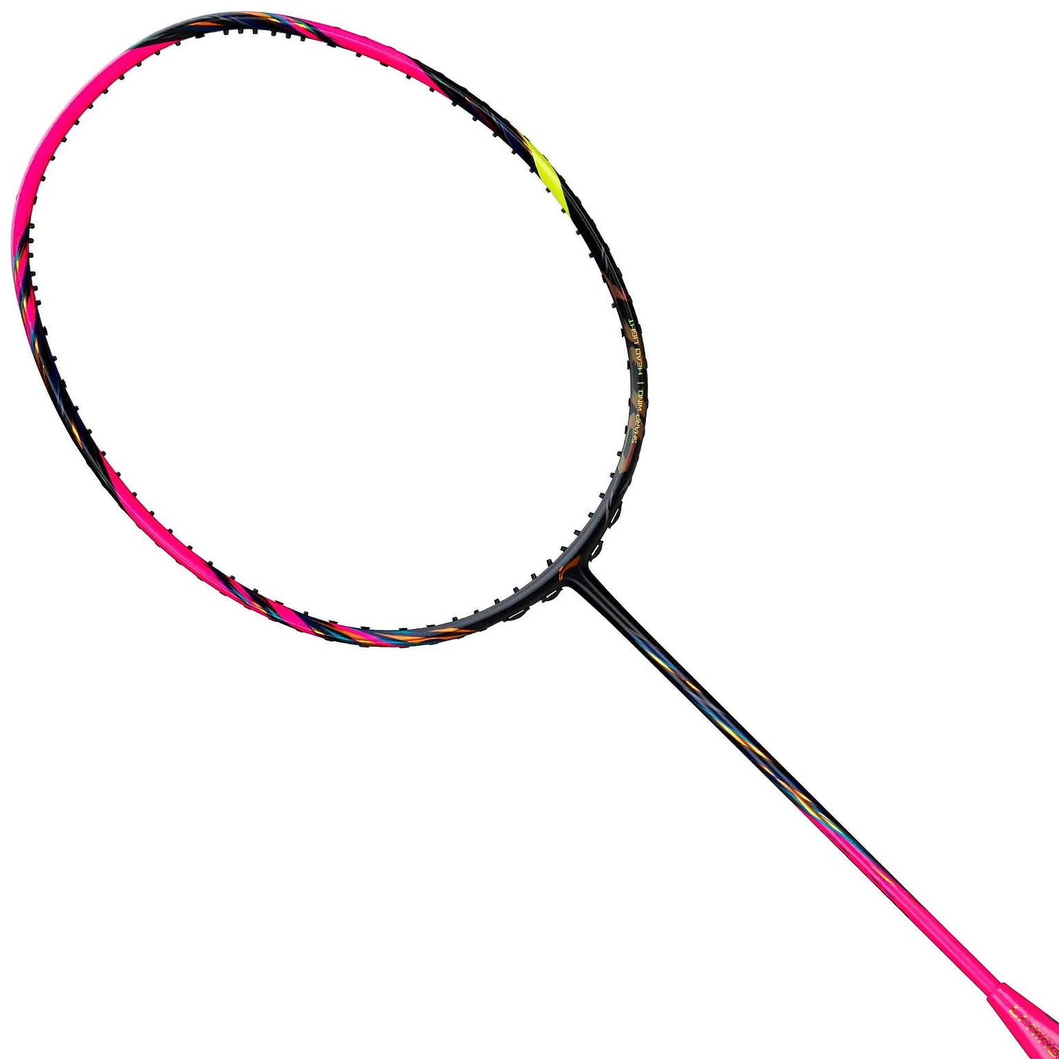 The Li-Ning BladeX 900 3U Badminton Racket - Fluorescent Pink features a vibrant black and pink frame with yellow and blue accents, incorporates TB NANO technology, and is displayed against a white background.
