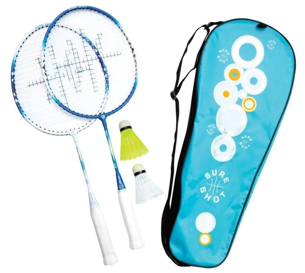 The Sure Shot Athens Junior Badminton Racket Set includes two tempered steel rackets with blue frames and white grips, plus two shuttlecocks (one white, one yellow) in a patterned blue carrying bag. Perfect for young children starting badminton.