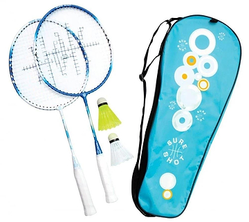 The Sure Shot Athens Junior Badminton Racket Set includes two tempered steel rackets with blue frames and white grips, plus two shuttlecocks (one white, one yellow) in a patterned blue carrying bag. Perfect for young children starting badminton.