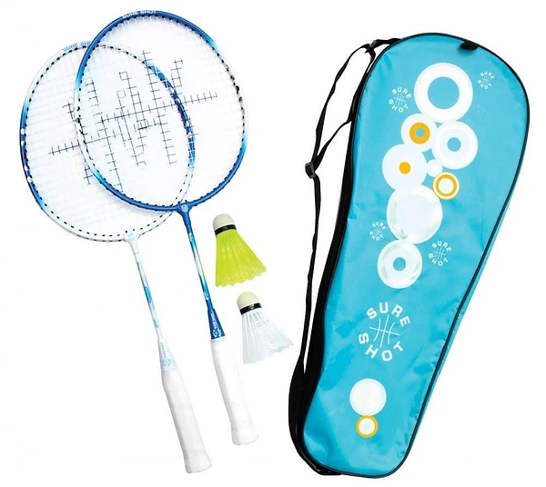 The Sure Shot Athens Junior Badminton Racket Set includes two tempered steel rackets with blue frames and white grips, plus two shuttlecocks (one white, one yellow) in a patterned blue carrying bag. Perfect for young children starting badminton.