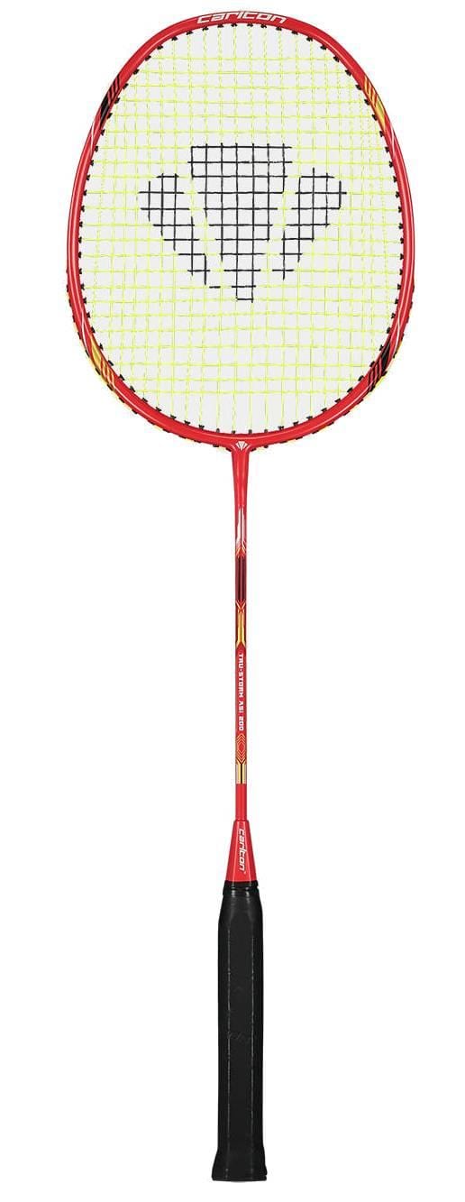 The Carlton Tru-Storm ASi 200 Badminton Racket—Red by Carlton features a durable frame, yellow strings, black grip, and bold geometric center design, ideal for beginners. Displayed on a white background.