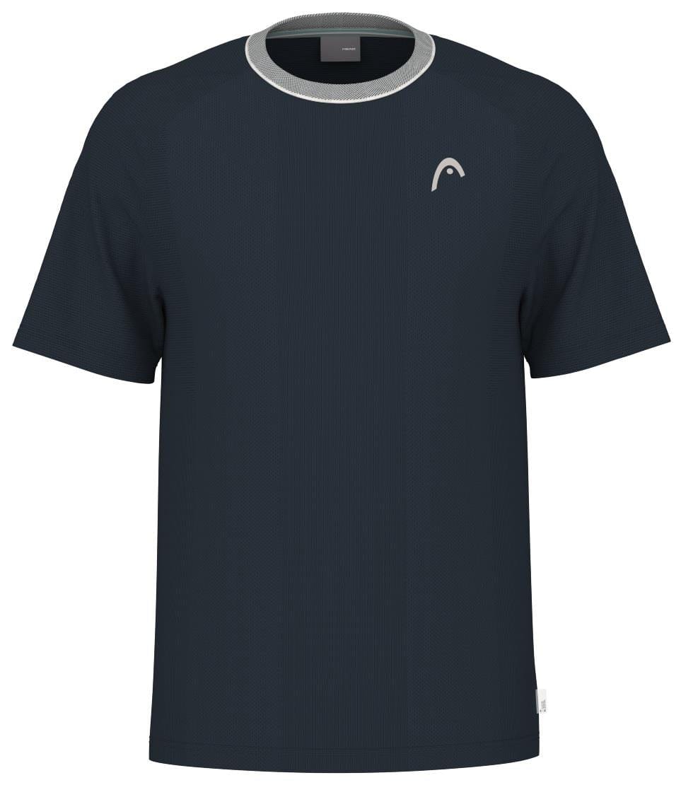 The HEAD Performance Mens Badminton T-Shirt - Navy by HEAD features short sleeves, a light gray crew neck collar, and a small white chest logo. This moisture-wicking shirt delivers a simple, athletic look ideal for badminton.