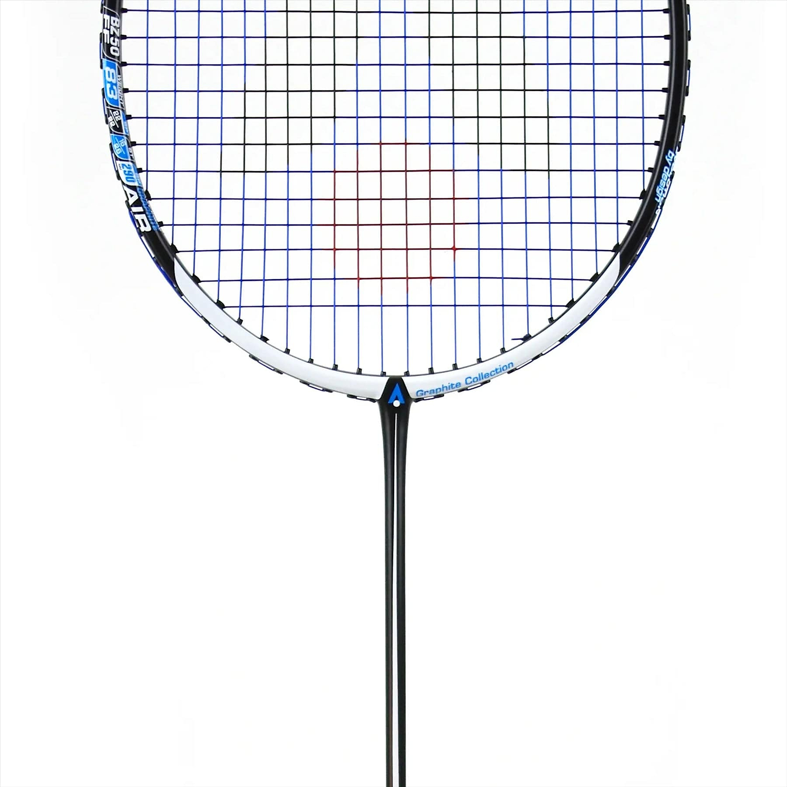 A close-up of the Karakal Black Zone BZ 50 2.1 badminton racket shows its isometric square head with blue and red strings. Crafted from Fast Fibre Graphite, the sleek black handle and shaft stand vertically against a plain white background.