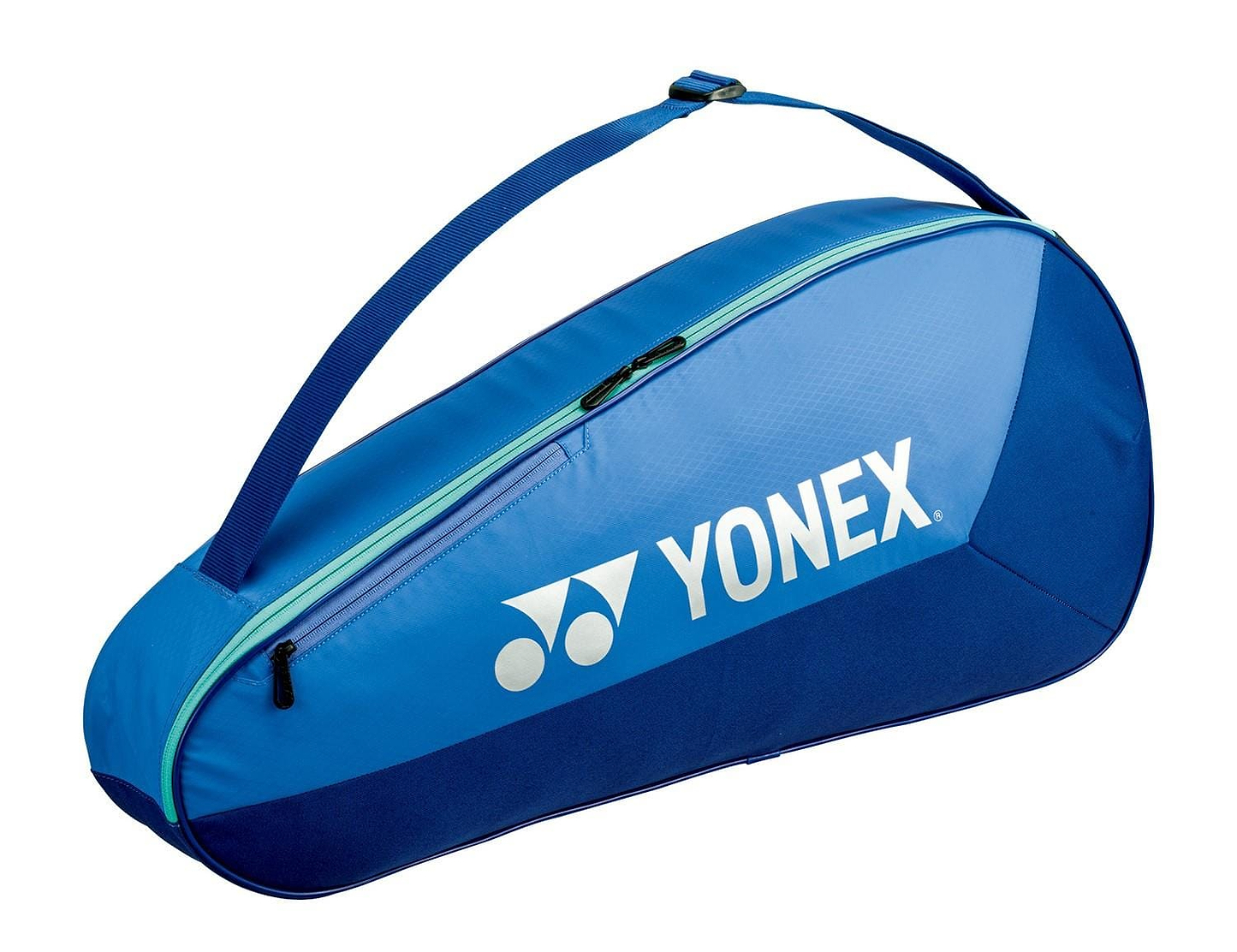 The Yonex 42523EX Team 3 Racket Badminton Bag in Blast Blue features durable YKK zippers, a convenient shoulder strap, and the white Yonex logo on the side for both style and functionality.