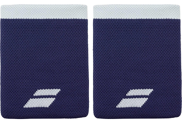 The Babolat Logo Jumbo Wristband in Illusion Blue features a bold white logo, a white top stripe, and sweat-absorbing fabric—ideal for peak performance on the court.