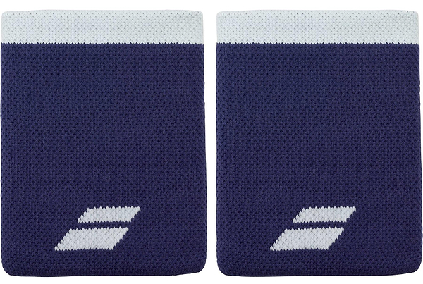 The Babolat Logo Jumbo Wristband in Illusion Blue features a bold white logo, a white top stripe, and sweat-absorbing fabric—ideal for peak performance on the court.