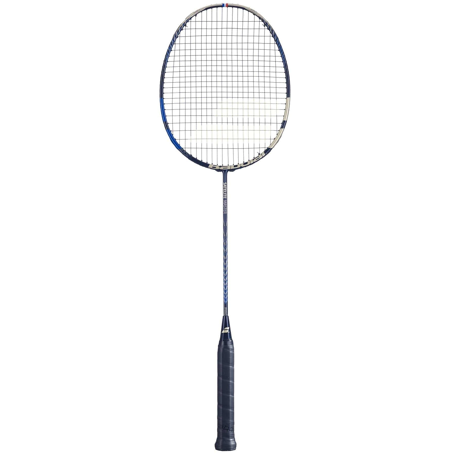 The Babolat Satelite Master Badminton Racket - Navy Blue boasts a black handle with blue and silver details on the frame. Its tight stringing enhances performance, while its sleek, modern design ensures optimal aerodynamics against a clean white backdrop.
