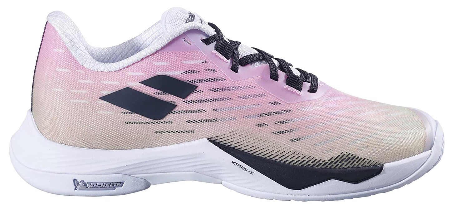 The Babolat Shadow Tour 5 Women's Badminton Shoes in pink and green have a low-cut design, black logo stripes, black laces, a white sole, and offer excellent indoor court grip.
