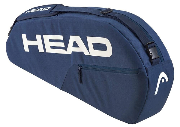 The HEAD BASE 3 Racket Badminton Bag S - NV sports a bold blue design with a white "HEAD" logo. It features a zippered compartment and an adjustable shoulder carry system for easy transport.