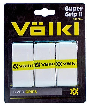 The Volkl Super Grip II Badminton Overgrip - 3 Pack - White comes in a stylish plastic cover showcasing three white grips. The packaging prominently features the Volkl logo and the phrase "Over Grips," emphasizing its ultra-thin overgrip and tacky feel designed for optimal performance.