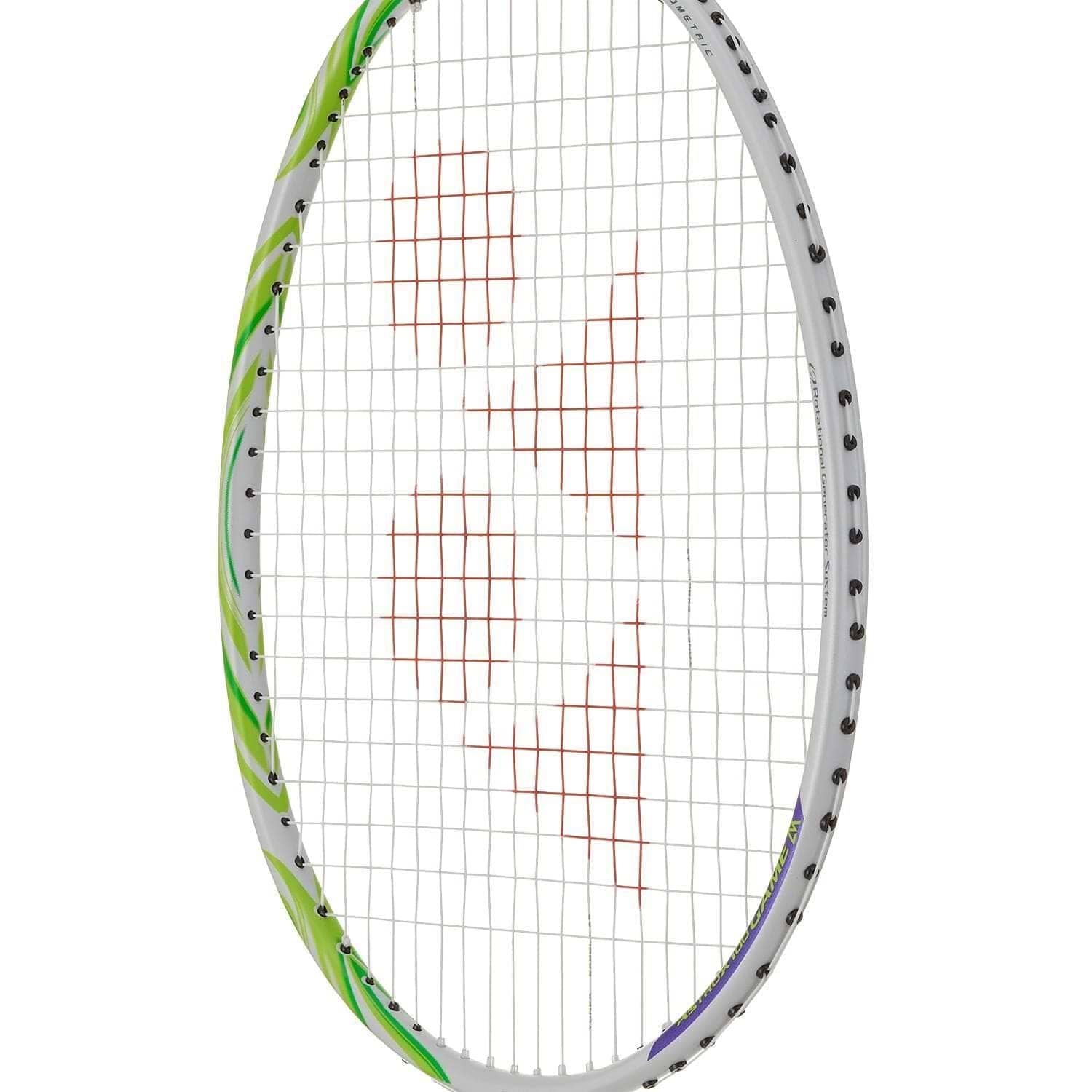 A close-up of the Yonex Astrox 100 Game VA Viktor Axelsen 4U Badminton Racket in greyish beige, featuring white strings, a white frame with green and purple accents, and a red geometric string bed design inspired by Viktor Axelsen.