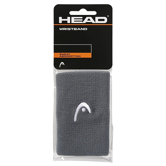 The packaging of the HEAD 5" Badminton Wristband - Anthracite Grey is displayed. The gray, elastic wristband features a white logo and is showcased in clear plastic wrap. The packaging emphasizes "Sweat Absorption.