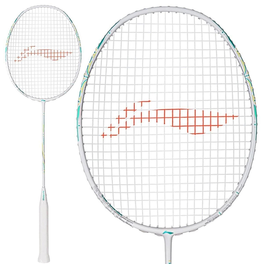 A close-up and full-length view of the Li-Ning Axforce 60 5U Badminton Racket - Pearl White is shown, highlighting its red string pattern and advanced FRTP technology.