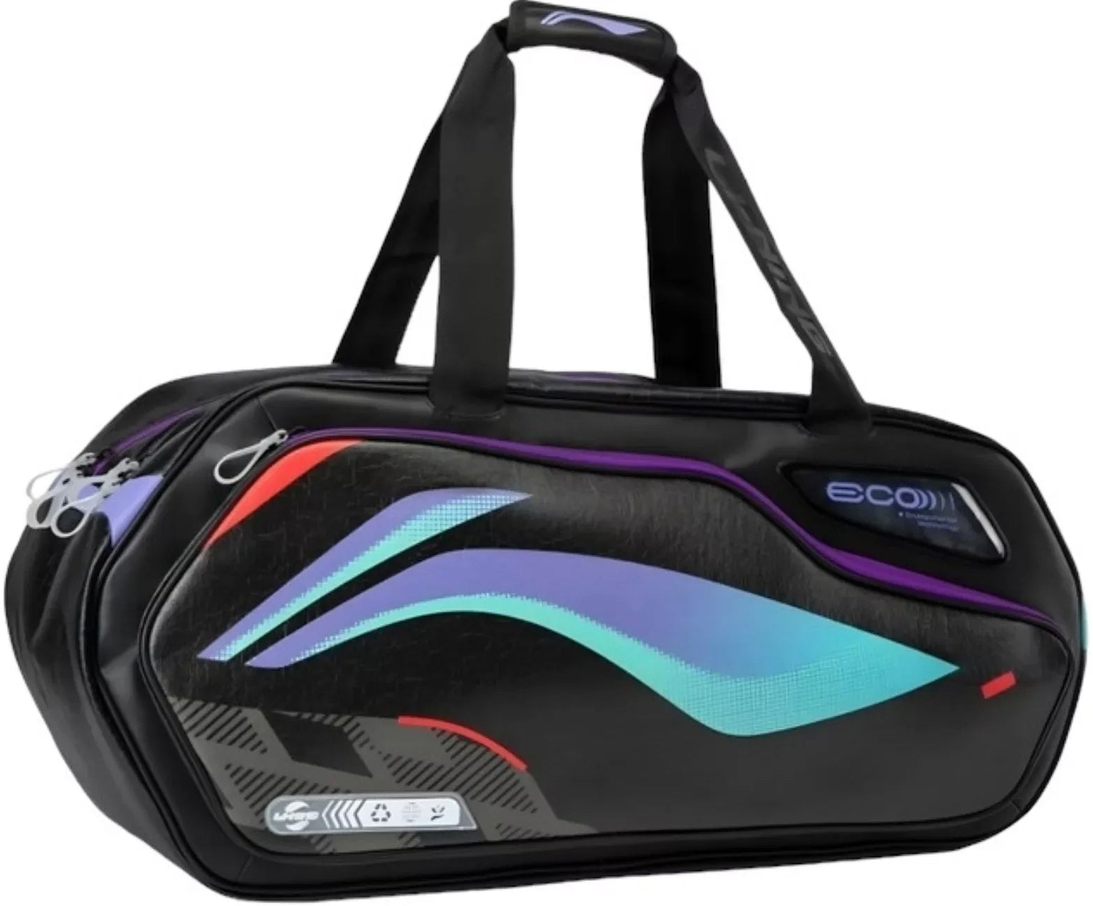 The Li-Ning International Elite 6 Racket Badminton Bag – Black features striking blue and purple wave designs, two sturdy short handles, convenient side zipper pockets, and a prominent “eco” label on the front. This versatile tournament bag from Li-Ning seamlessly blends style with practicality, making it an ideal choice for carrying your badminton rackets and gear.