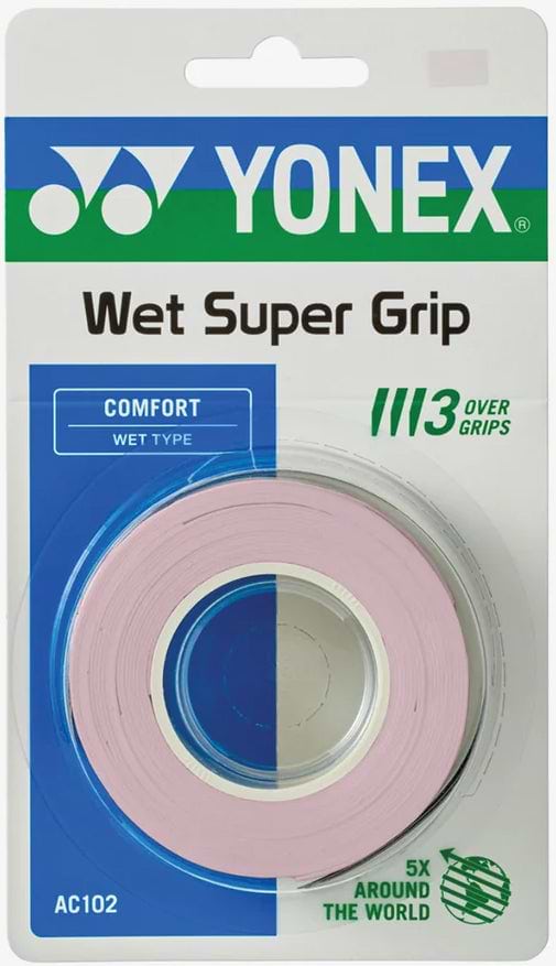 Yonex AC102EX Super Grap Badminton Overgrip - 3 Pack in Mist Pink, by Yonex, is packaged on a retail card and ideal for use as a tennis or badminton overgrip. The label highlights “Comfort,” “Wet Type,” “1113 Over Grips,” and “5x Around the World.” Designed for superior sweat absorption, this Yonex Super Grap overgrip comes coiled with the Yonex logo at the top.