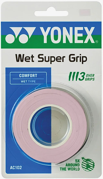 Yonex AC102EX Super Grap Badminton Overgrip - 3 Pack in Mist Pink, by Yonex, is packaged on a retail card and ideal for use as a tennis or badminton overgrip. The label highlights “Comfort,” “Wet Type,” “1113 Over Grips,” and “5x Around the World.” Designed for superior sweat absorption, this Yonex Super Grap overgrip comes coiled with the Yonex logo at the top.