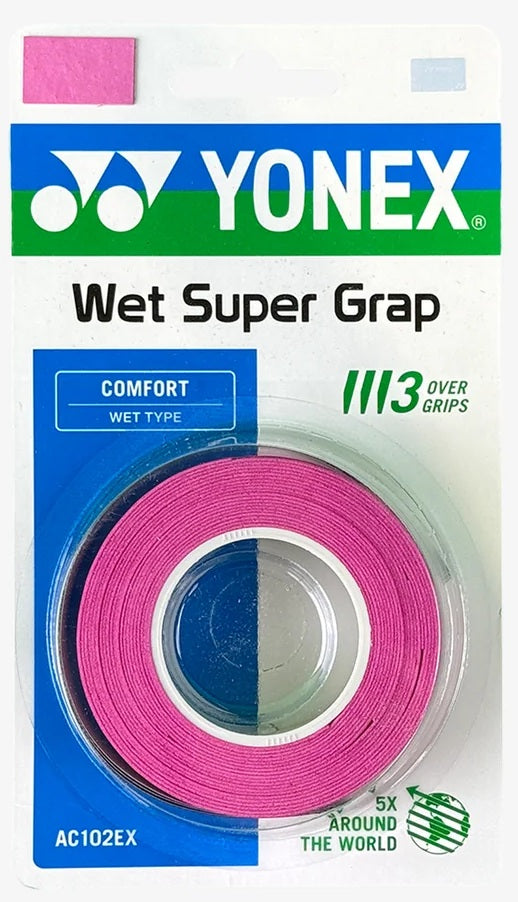 Here’s a rewritten version using the provided product data: The Yonex AC102EX Super Grap Badminton Overgrip 3 Pack in pink offers reliable comfort and superior sweat absorption for your racket. Each pack includes three grips, proudly branded by Yonex—perfect for players seeking dependable performance.