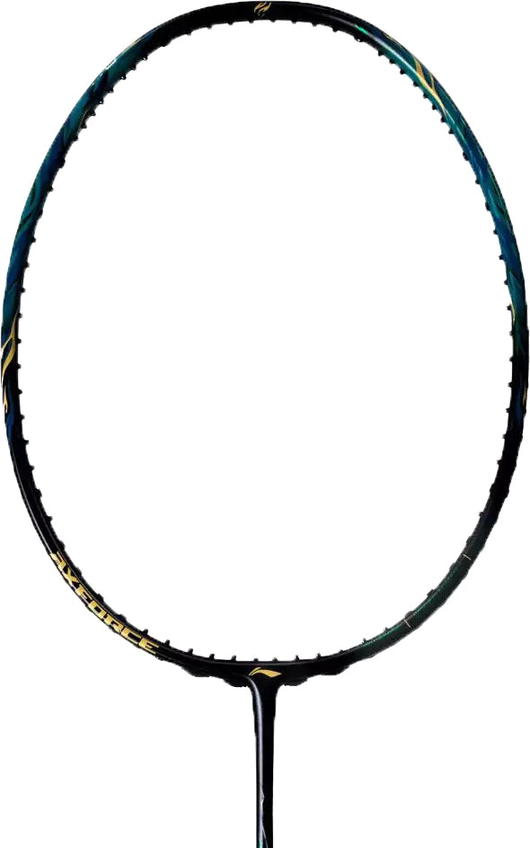 A close-up of the Li-Ning Axforce 100 II Badminton Racket - Storm Green frame highlights its oval head and part of the shaft, unstrung against a plain white background—perfect for players seeking power series performance.