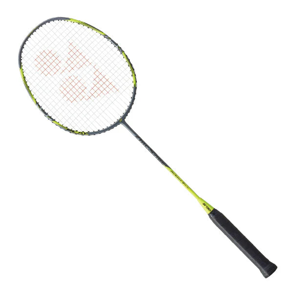 The Yonex Arcsaber 7 Tour Badminton Racket - 4U in grey and yellow, featuring a slim shaft and round head with white strings, is ideal for all-round players and is shown on a white background.