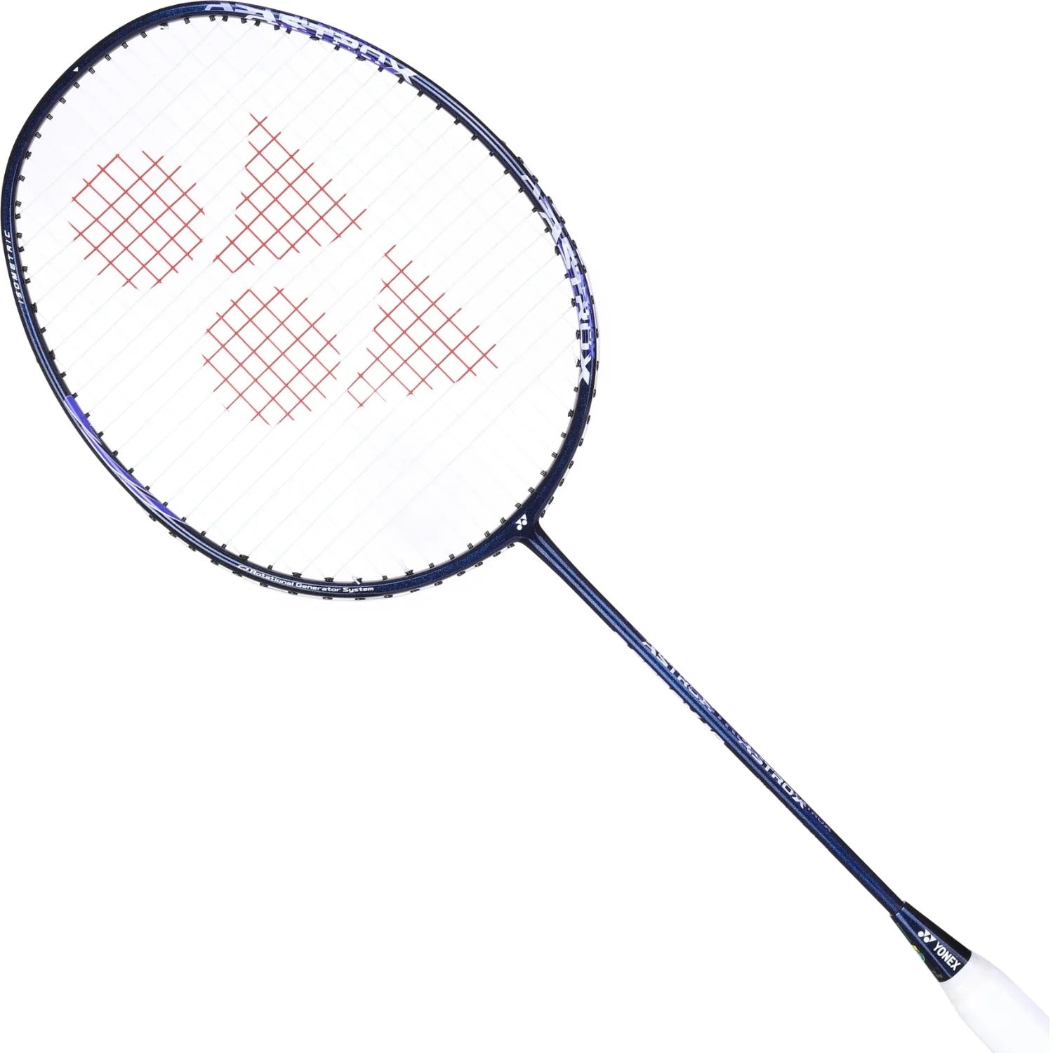 A Yonex Astrox 10 4U badminton racket in navy blue, featuring a head heavy balance and full graphite construction, is displayed against a white background.