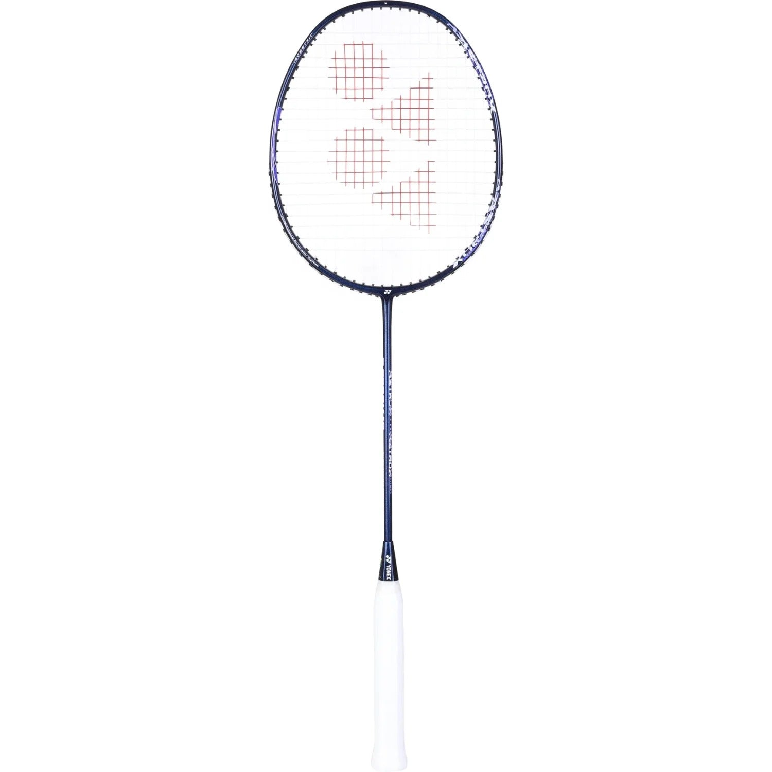 The Yonex Astrox 10 4U Badminton Racket - Navy Blue is a full graphite racket designed by Yonex, featuring a navy blue frame with white strings and a white grip. Adorned with a red geometric design on the strings and inspired by the Astrox 10 series, this racket offers a head heavy balance for powerful smashes and improved control.