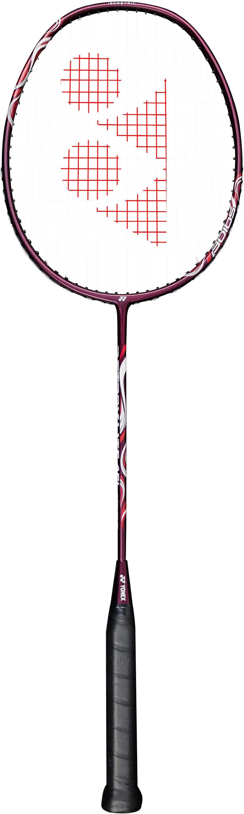 A lightweight Yonex Astrox Light 45i 5U Badminton Racket - Kurenai, featuring a black grip, maroon shaft, and red-designed strings, is photographed on a white background. This racket is perfect for players looking for an attacking option that balances powerful shots with easy maneuverability.