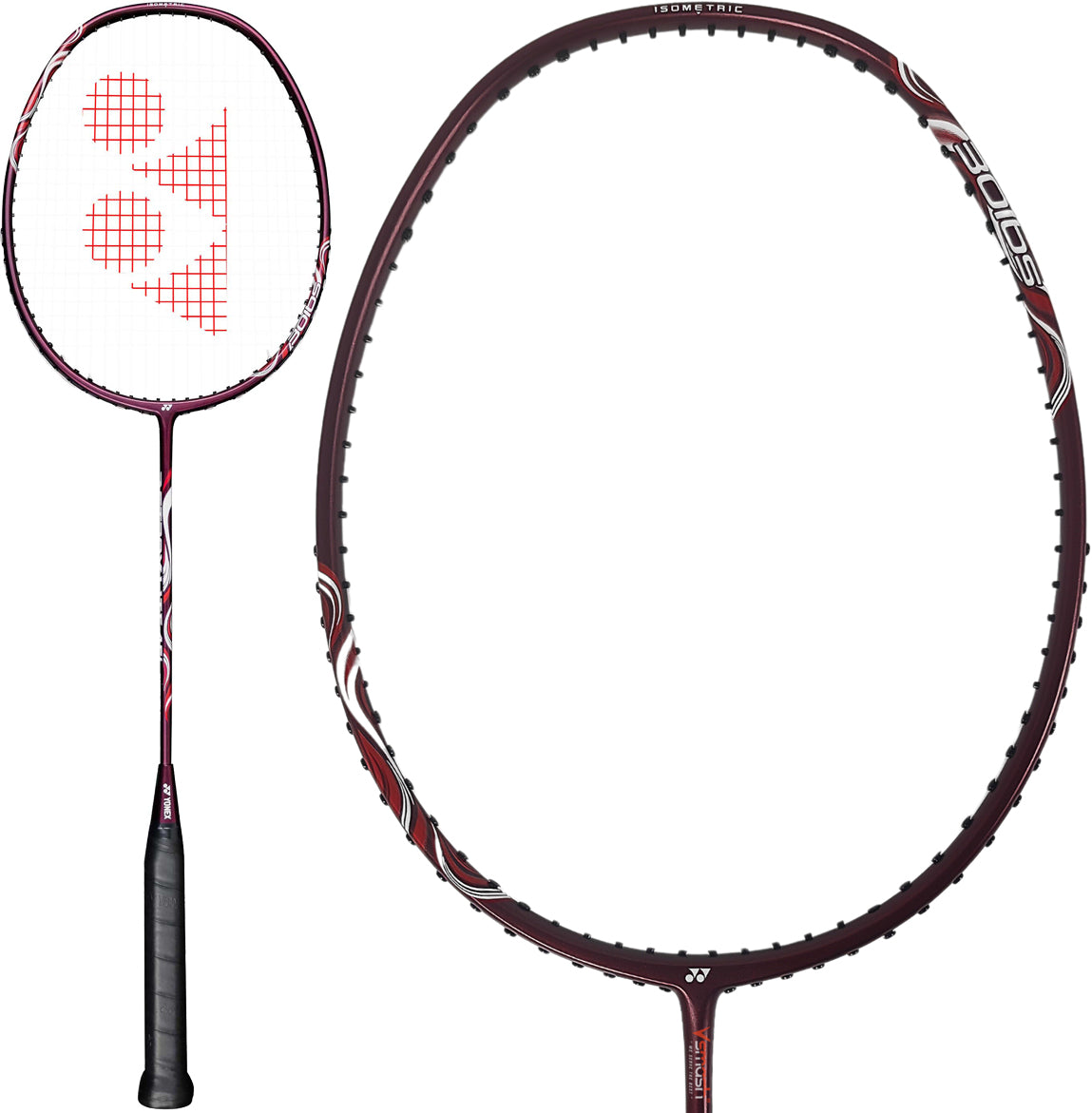 The Yonex Astrox Light 45i 5U Badminton Racket - Kurenai features a maroon frame with a black grip and white strings marked by a red Yonex logo, presented in both full-length and close-up views of the head. This lightweight racket from Yonex is ideal for players who desire fast maneuverability and powerful attacking play.