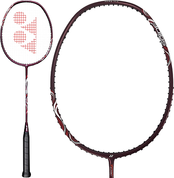 The Yonex Astrox Light 45i 5U Badminton Racket - Kurenai features a maroon frame with a black grip and white strings marked by a red Yonex logo, presented in both full-length and close-up views of the head. This lightweight racket from Yonex is ideal for players who desire fast maneuverability and powerful attacking play.