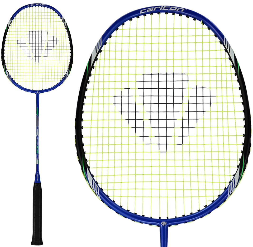 The Carlton Tru-Storm ASi 300 G6 2U Badminton Racket in navy blue and black features a black grip, yellow strings, and a striking black geometric pattern at the center of the racket head—making it an excellent choice from Carlton for players who want a dependable beginner badminton racket.