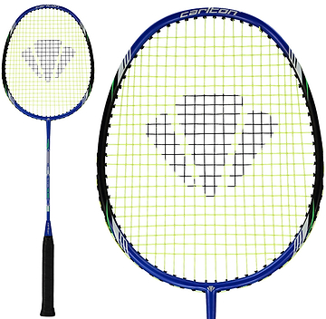The Carlton Tru-Storm ASi 300 G6 2U Badminton Racket in navy blue and black features a black grip, yellow strings, and a striking black geometric pattern at the center of the racket head—making it an excellent choice from Carlton for players who want a dependable beginner badminton racket.