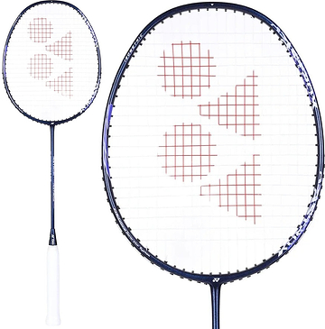 A Yonex Astrox 10 4U Badminton Racket - Navy Blue by Yonex is displayed with a white grip, navy blue frame, and red pattern on the strings, shown in both full view and a close-up of the racket head. This full graphite badminton racket features a head heavy balance for powerful smashes and precise control.