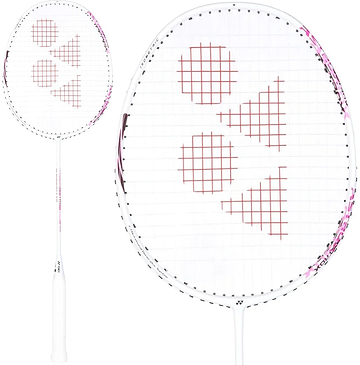 The Yonex Astrox 10 4U Badminton Racket in White/Pink features a full graphite construction with a white handle and a striking red geometric string pattern, shown from both the front and at an angled side. This racket offers a head-heavy balance, providing powerful smashes and enhanced performance.