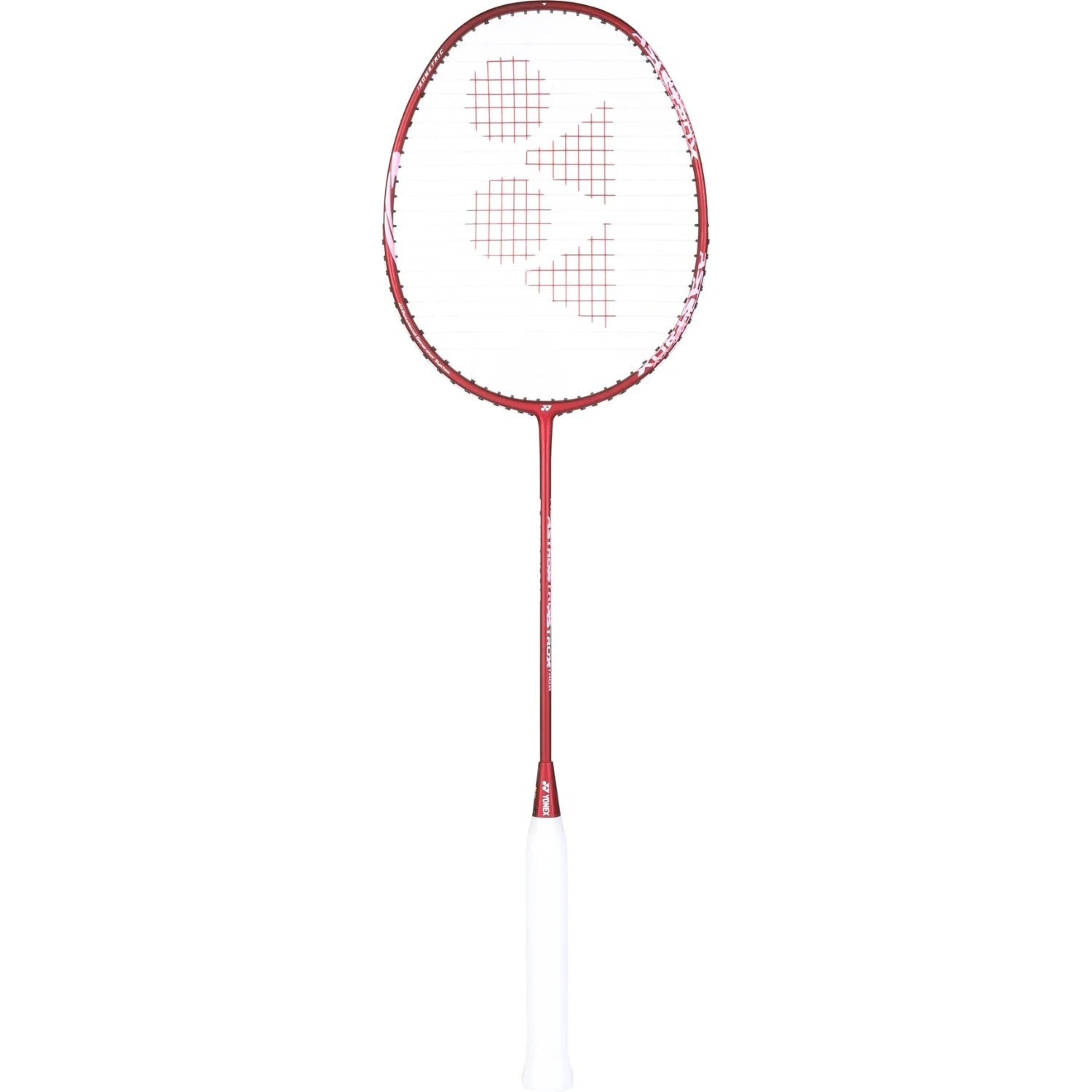 A Yonex Astrox 10 4U Badminton Racket in Dark Wine, crafted with graphite and featuring a head heavy balance, is displayed upright against a white background. The racket has a white handle and a branded pattern on the strings.