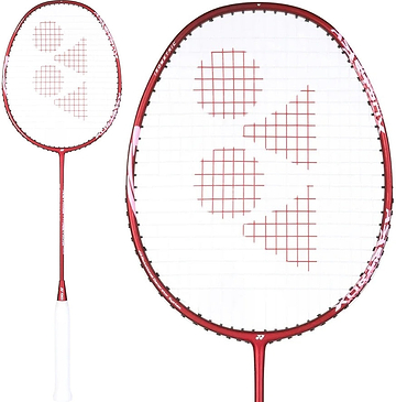A Yonex Astrox 10 4U Badminton Racket in Dark Wine, made of graphite and featuring a white grip with the Yonex logo on the strings, is shown in both a full view and a close-up of the head. This racket is designed with a head heavy balance to deliver powerful shots.