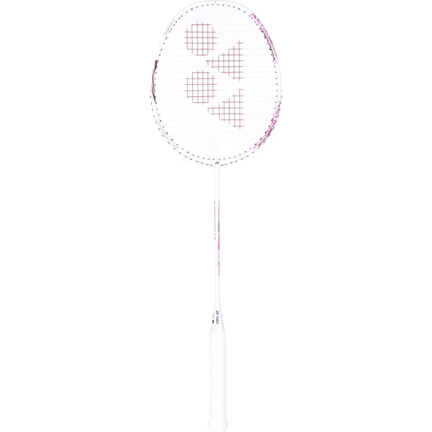 The Yonex Astrox 10 4U Badminton Racket in white and pink, by Yonex, features a head heavy balance reminiscent of the Astrox 10 line, with pink detailing on the frame and strings. It is displayed upright against a plain white background.