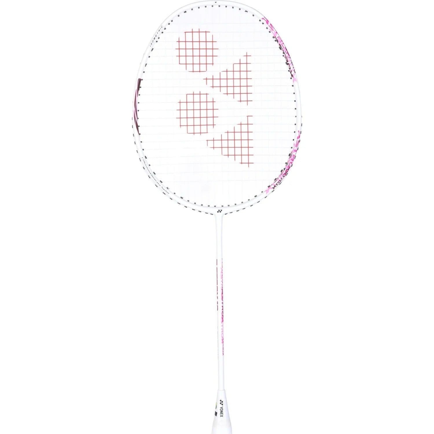 The Yonex Astrox 10 4U Badminton Racket in White/Pink features a sleek white frame with pink accents and geometric designs on the strings, set against a plain white background. This full graphite racket from Yonex is designed with a head heavy balance, inspired by the acclaimed Astrox 10 series, making it ideal for delivering both powerful and precise shots.