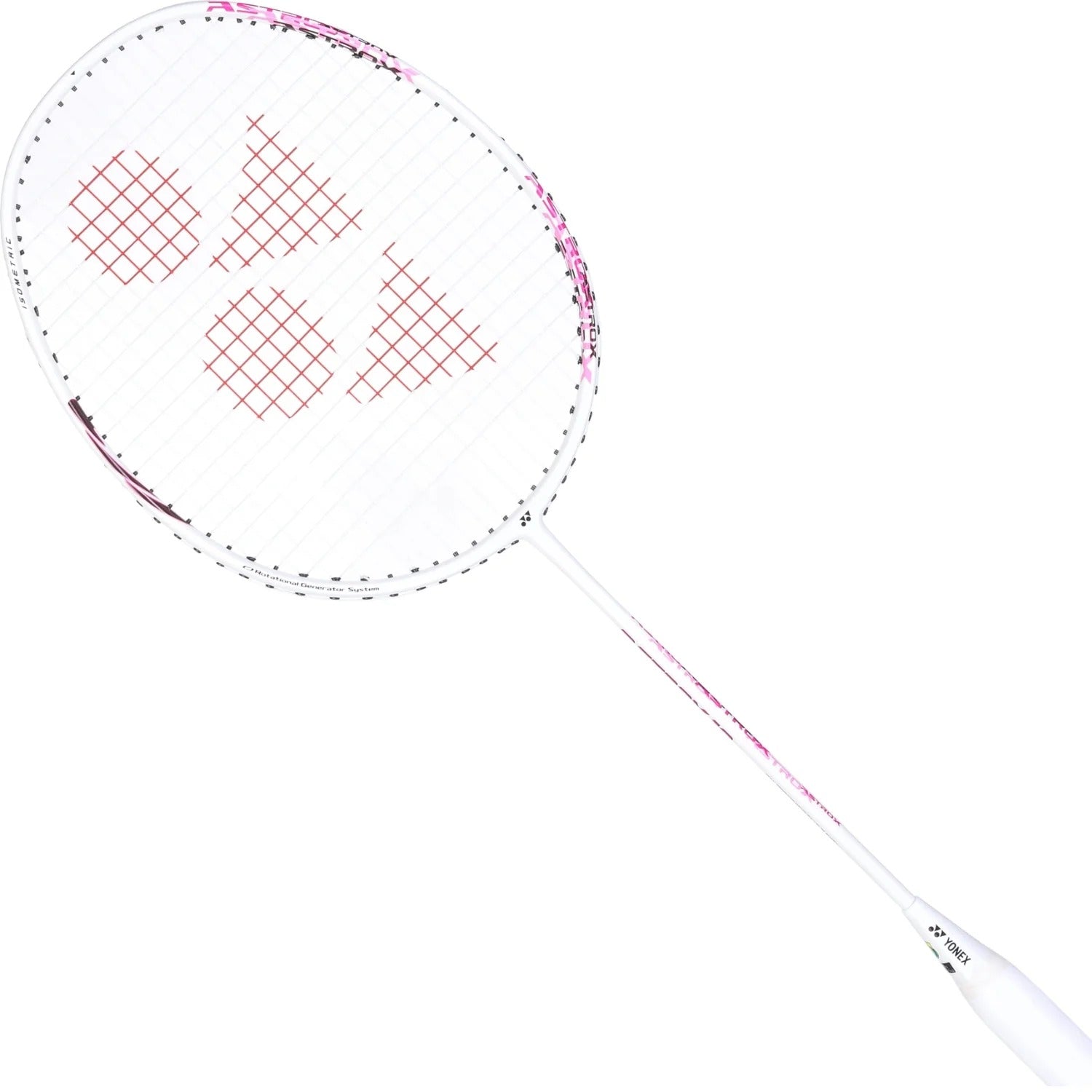 The Yonex Astrox 10 4U Badminton Racket in White and Pink is displayed against a plain white background. Featuring a red Yonex logo on its stringed area, this full graphite racket from Yonex offers a head heavy balance, making it perfect for players looking for powerful smashes and precise control.