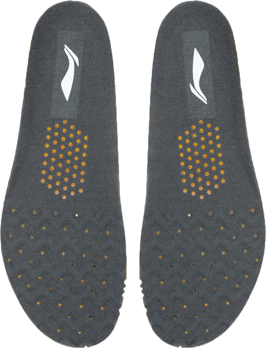 Li-Ning Badminton Shoe Insoles - Grey feature orange perforations at the heel and forefoot, white Li-Ning logos on top, and a supportive replacement insole design for enhanced comfort.