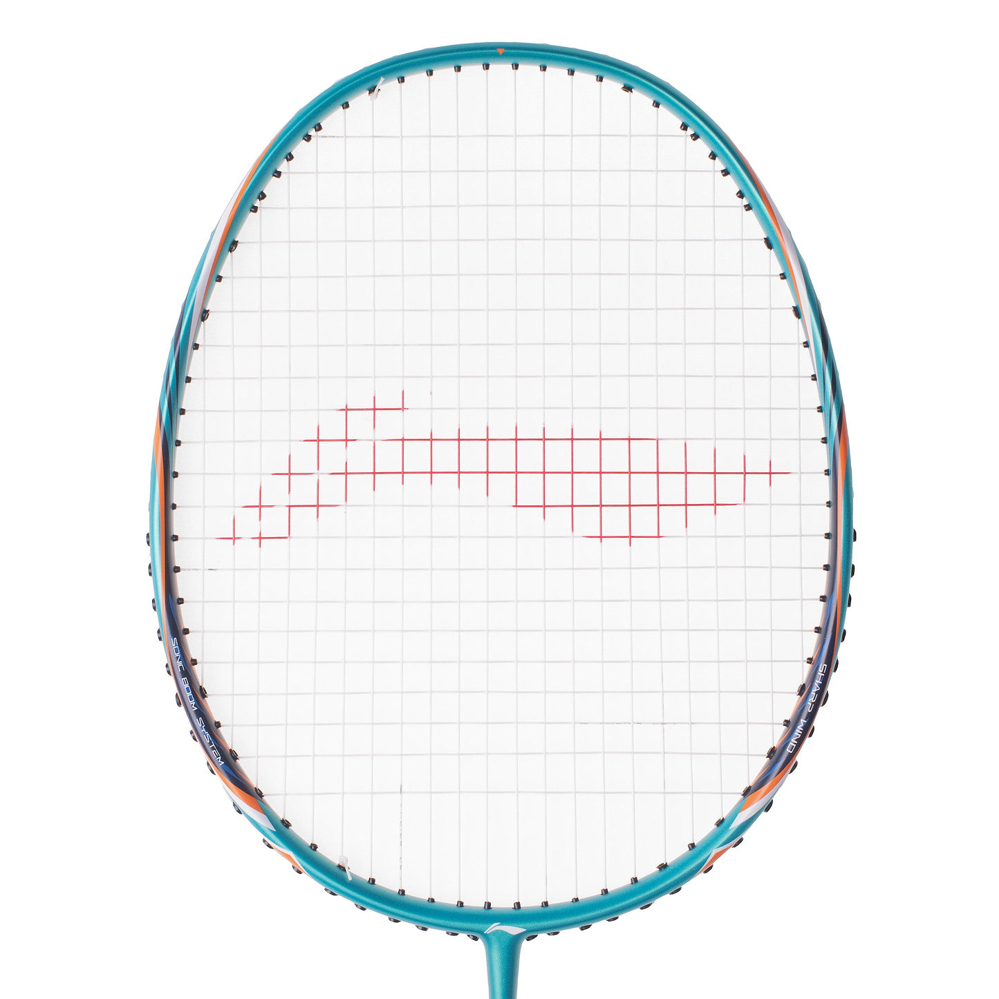 A close-up of the Li-Ning BladeX 200 3U Badminton Racket in Viridian Green showcases its Accele Tech for enhanced performance. The racket features white strings with a red wave pattern on a plain background.