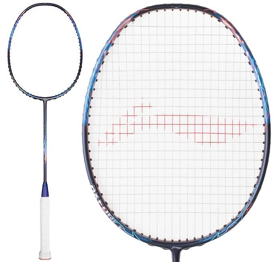 Close-up of a Li-Ning Axforce 90 Long Max Badminton Racket in Storm Blue, showcasing the grid pattern strings on the oval head. It features a medium flex shaft, head-heavy balance, and a white-wrapped grip.