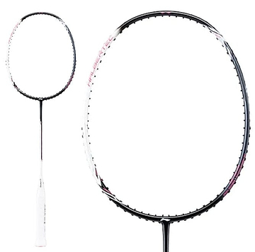 A close-up image highlights the Li-Ning Halbertec 2000 4U Badminton Racket - Cool Ebony, showcasing its black and white frame known for its robust construction. The racket is equipped with a white grip and features subtle pink accents along the frame, while the invisible strings provide an unobstructed view through the center.