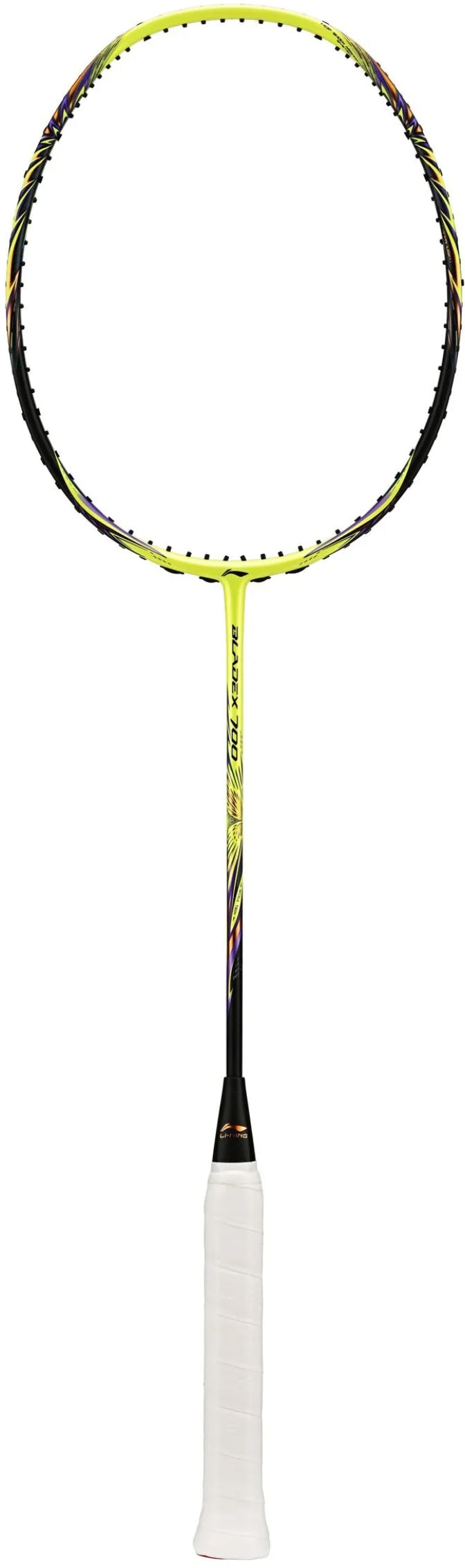 A Li-Ning BladeX 700 4U Badminton Racket in Neon Brilliant Yellow, featuring a white grip and an aerodynamic frame for enhanced speed, is displayed upright against a white background.