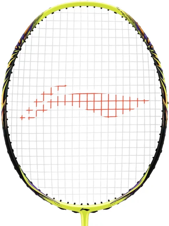 A Li-Ning BladeX 700 4U Badminton Racket in Neon Brilliant Yellow, featuring a speed-oriented, aerodynamic frame with yellow and black accents, white strings, and a red pattern in the center of the string bed, photographed against a white background.