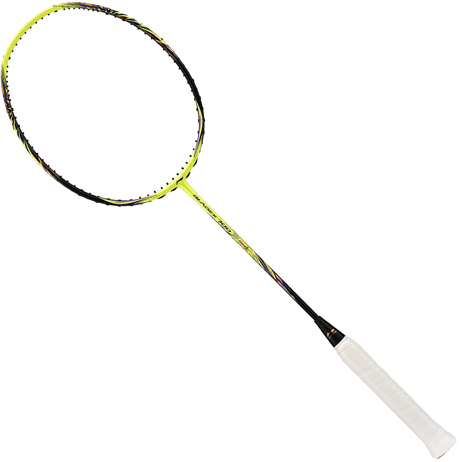 A Li-Ning BladeX 700 4U Badminton Racket in Neon Brilliant Yellow with a black and white color scheme, featuring an aerodynamic frame for enhanced speed, is displayed on a plain white background.